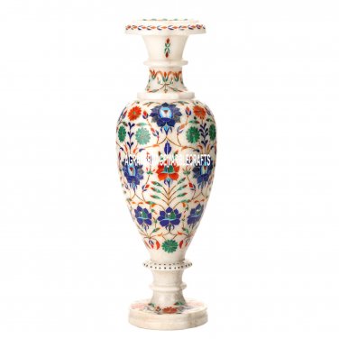 15"x5'' Marble White Flower Vase Pietradura Multi Floral Inlay Table Decor H3603