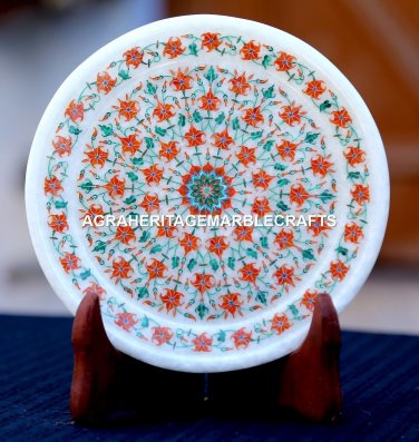 White Marble Round Serving Plate Hakik Micro Mosaic Inlaid Kitchen Decor H1952