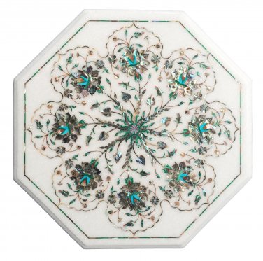 Marble White Center Table Top Pauashell Inlay Pietra Dura Art Garden Decor H2697