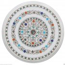 12" White Marble Round Mosaic Coffee Top Table Multi Gems Inlay Marquetry Decor 12" White Marble Round Mosaic Coffee Top Table Multi Gems Inlay Marquetry Decor