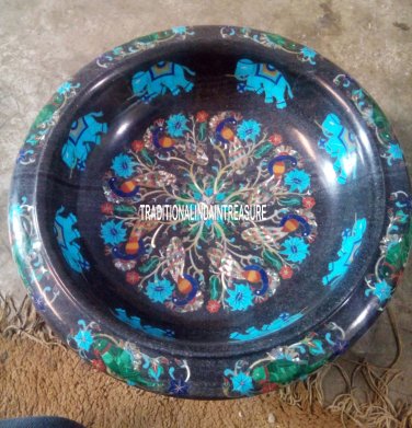 12" Marble Black Fruit Bowl Rare Marquetry Turquoise Stone Elephant Decor Gifts