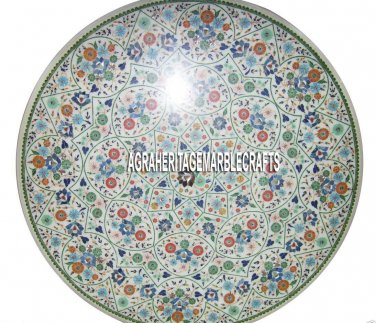 36" Round White Marble Dining Table Multi Stone Inlay Mosaic Special Home Decor