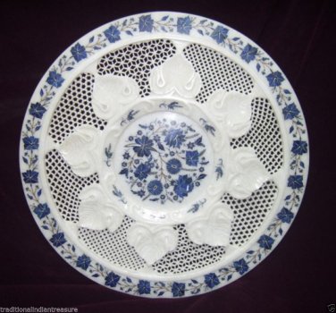 White Marble Serving Dish Plate Lapis Mosaic Inlay Work Art Table Kitchen Decor
