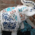 12'' White Marble Elephant Trunk Up Lapis Mosaic Stone Handmade Art Inlay Decor
