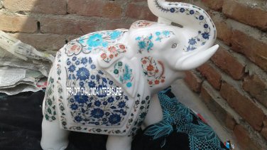 12'' White Marble Elephant Trunk Up Lapis Mosaic Stone Handmade Art Inlay Decor