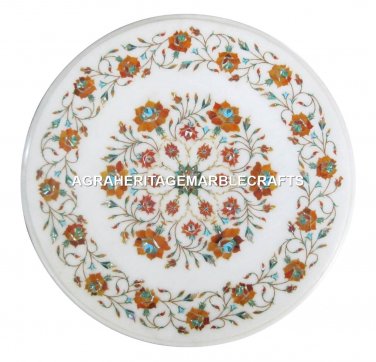 White Marble Coffee Table Top Mosaic Hakik Floral Inlaid Work Garden Decor H1860