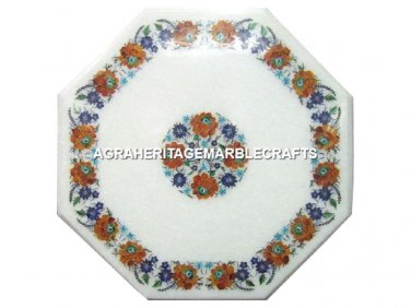 White Marble Mosaic Center Table Top Hakik Lapis Floral Inlay Work Decor H3007