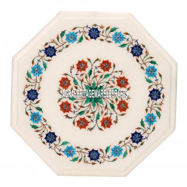 White Marble Coffee Table Top Multi Inlay Floral Furniture Mosaic Decor H3536