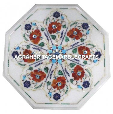 White Marble Octagon Top Coffee Table Marquetry Hakik Inlay Garden Decor H3064