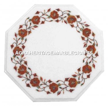 White Marble Top Coffee Table Marquetry Carnelian Real Inlay Outdoor Decor H3047