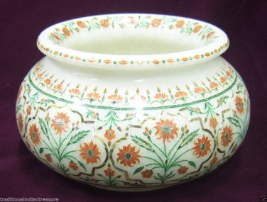 6" White Marble Flower Pot Rare Hakik Stone Inlay Pietradure Table Decor Gifts