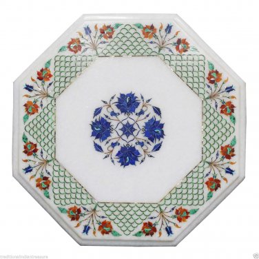 12" White Marble Octagon Coffee Table Top Real Carnelian Inlaid Marquetry Decor