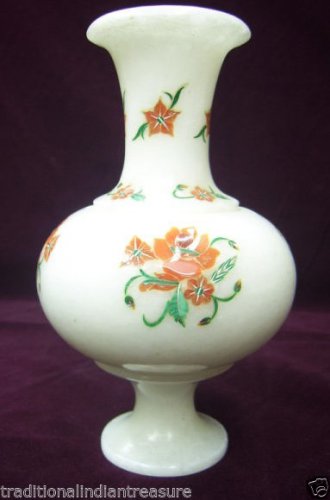 7" White Marble Inlay Work Flower Vase Hakik Flower Art Decor Inlay Mosaic Gifts