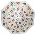 30" White Marble Side Home Table Top Multi Gemstone Inlaid Decor Furniture H2934