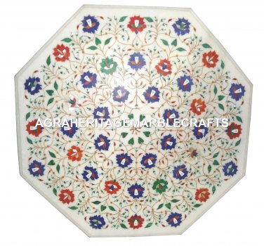 30" White Marble Side Home Table Top Multi Gemstone Inlaid Decor Furniture H2934