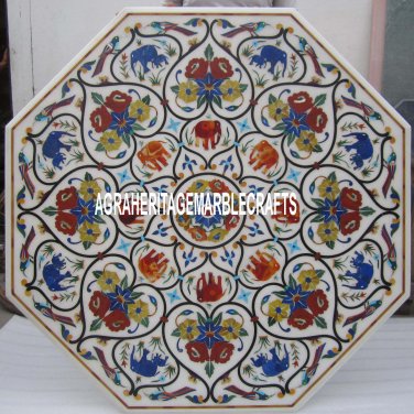 White Marble Coffee Octagon Top Table Marquetry Floral Work Art Inlay Deco H3326