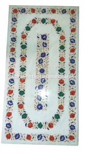 White Marble Dining Table Top Marquetry Hakik Inlay Gemstone Outdoor Decor H2930