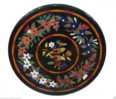 30" Black Marble Table Top Birds Inlaid Precious Handmade Beautiful Decor Arts