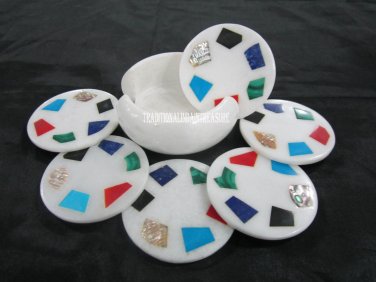 Marble White Coffee Coaster Rare Gemstone Inlay Marquetry Gifts Decor Art Gifts