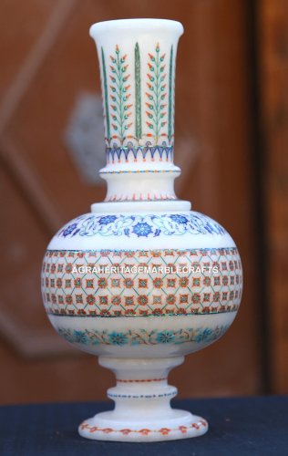 Antique White Marble Flower Pot Jar Semi Mosaic Inlaid Art Marvelous Gifts H1959