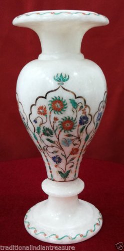 9" White Marble Flower Vase Jar Semi Precious Inlay Work Marquetry Decor Gifts