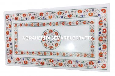 White Marble Dining Table Top Hakik Stone Inlay Marquetry Furniture Decor H2906