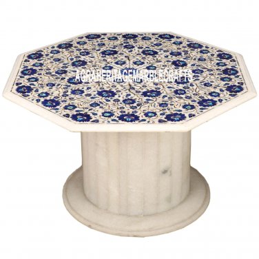 Marble Coffee Table With Stand Lapis Stone Semi Precious Inlaid Gemstone H3543