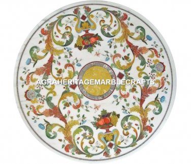 White Marble Side Table Top Mosaic Hakik Inlay Stone Stunning Decorative H2877