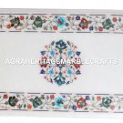 White Marble Coffee Dining Table Top Multi Gemstone Marquetry Inlay Decor H2479