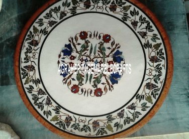 White Marble Top Table Malachite Floral Parrot Art Inlay Work Mosaic Decor H3195