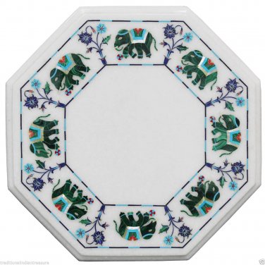 12" White Marble Restaurant Table Top Rare Elephant Mosaic Inlay Home Decorative