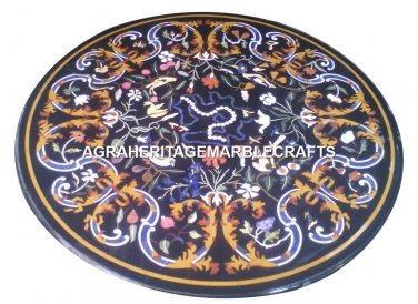Black Marble Dining Table Top Rare Gems Pietradura Inlay Occasion Decorate H2901