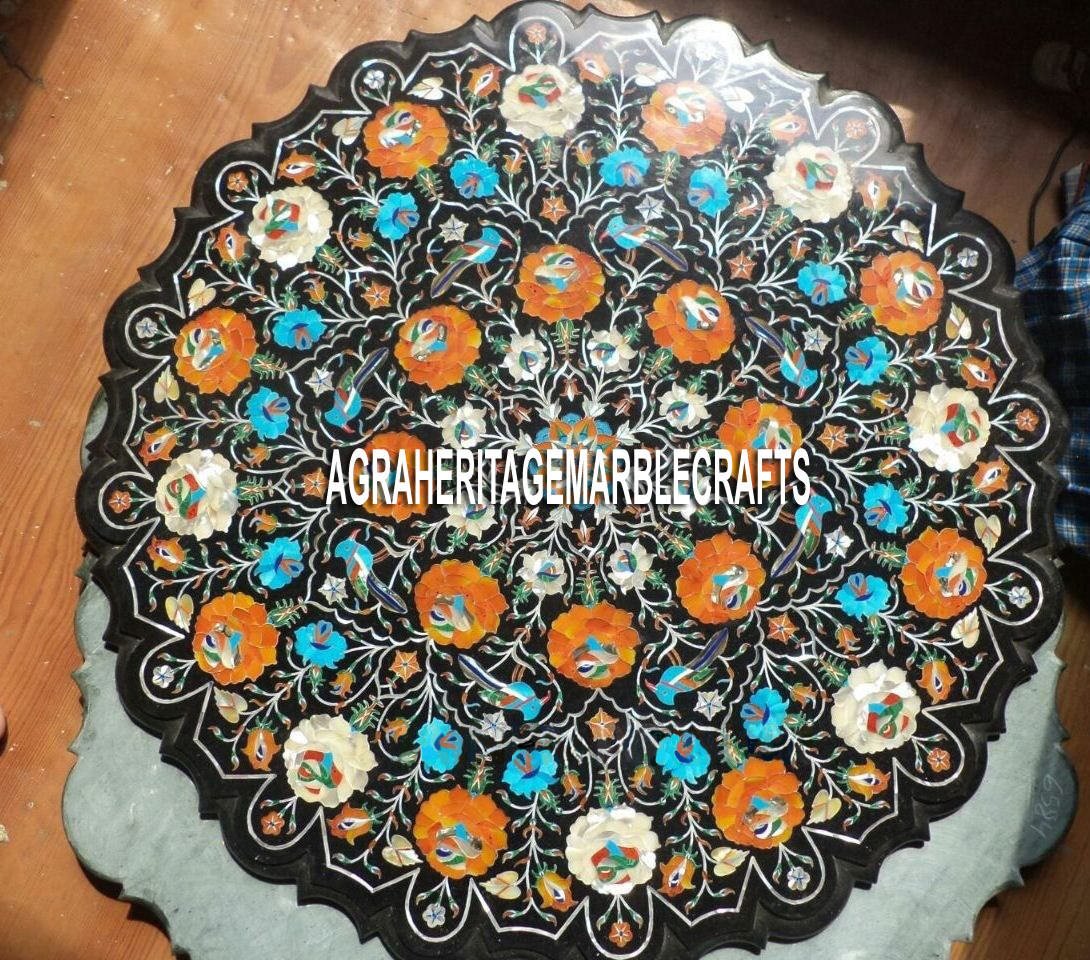 Black Marble Table Rare Hakik Turquoise Stone Marquetry Inlay Garden Decor H3278
