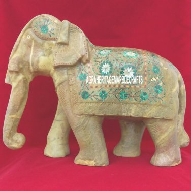 13'' Antique Marble Elephant Statue Malachite Floral Handmade Special Gift H3761