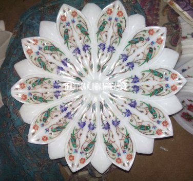 12" Marble White Dry Fruit Bowl Rare Malachite Inlay Mosaic Parrot Decor Gifts