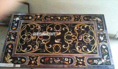 Black Dining Marble Garden Table Top Rare Stone Inlay Marquetry Work Decor H3250