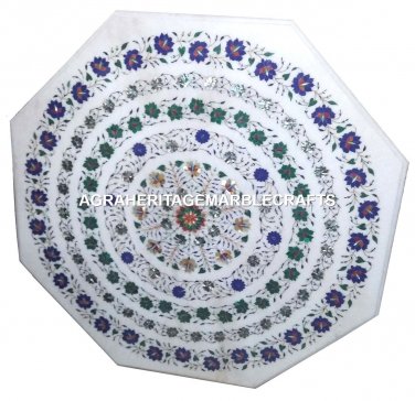 30" Marble Restaurant Table Top Real Lapis Lazuli Inlaid Pietradure Decor H2885