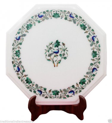 14" White Marble Coffee Table Set Malachite Marquetry Floral Arts Outdoor Decor