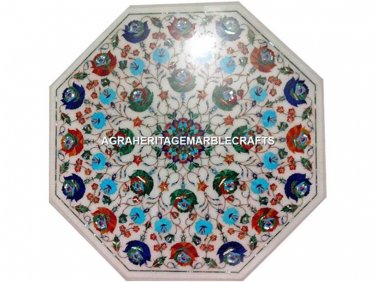 White Marble Coffee Table Top Multi Gemstone Inlay Art Marquetry Furniture H3034