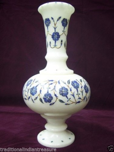 8" Marble Flower Vase Pot Lapis Floral Art Marquetry Halloween Home Decorative