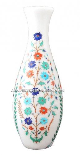 12" White Marble Flower Vase Multi Stone Inlay Floral Mosaic Decor Gifts H2012