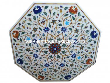 White Marble Octagon Dining Room Table Top Mosaic Inlay Gems Patio Decor H3022