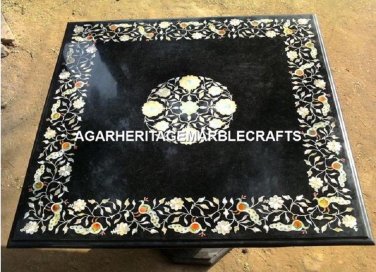 Black Marble Coffee Table Top Rare Marquetry Inlay Work Home Mosaic Decor H2047