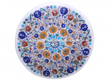 White Marble End Coffee Table Floral Work Hakik Inlay Mosaic Marquetry Art H3050