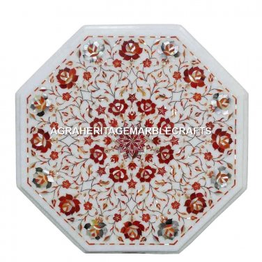 Marble Side Coffee Table Set Coral Inlay Gemstone Pietradure Outdoor Decor H1390