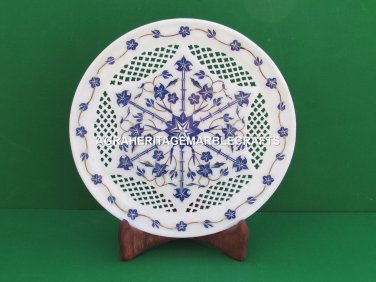 Lattice Marble Round Serving Plate Lapis Lazuli Inlay Kitchen Home Decor H4526