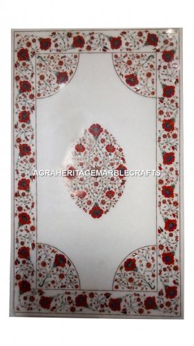 6'x4' White Marble Dining Table Top Inlay Carnelian Inlay Furniture Decor H3081