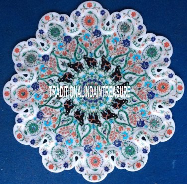 21" Marvelous Marble Dish Plate Multi Stone Inlay Mosaic Home Decor Gifts H3127