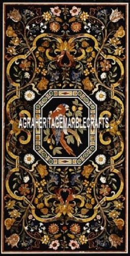 6'x3' Black Marble Top Dining Table Scagliola Inlay Antique Arts Kitchen Decor