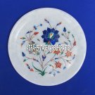 7" White Marble Dish Plate Lapis Floral Arts Marquetry Inlay Gifts Mosaic Decor